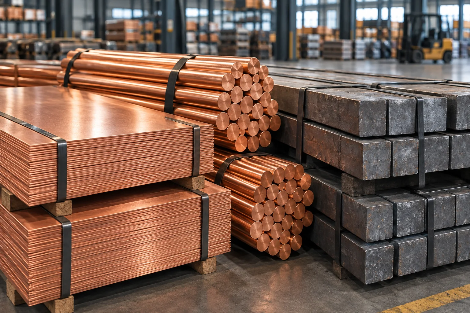 Copper cathodes and rods beside bundled steel billets in a metals warehouse